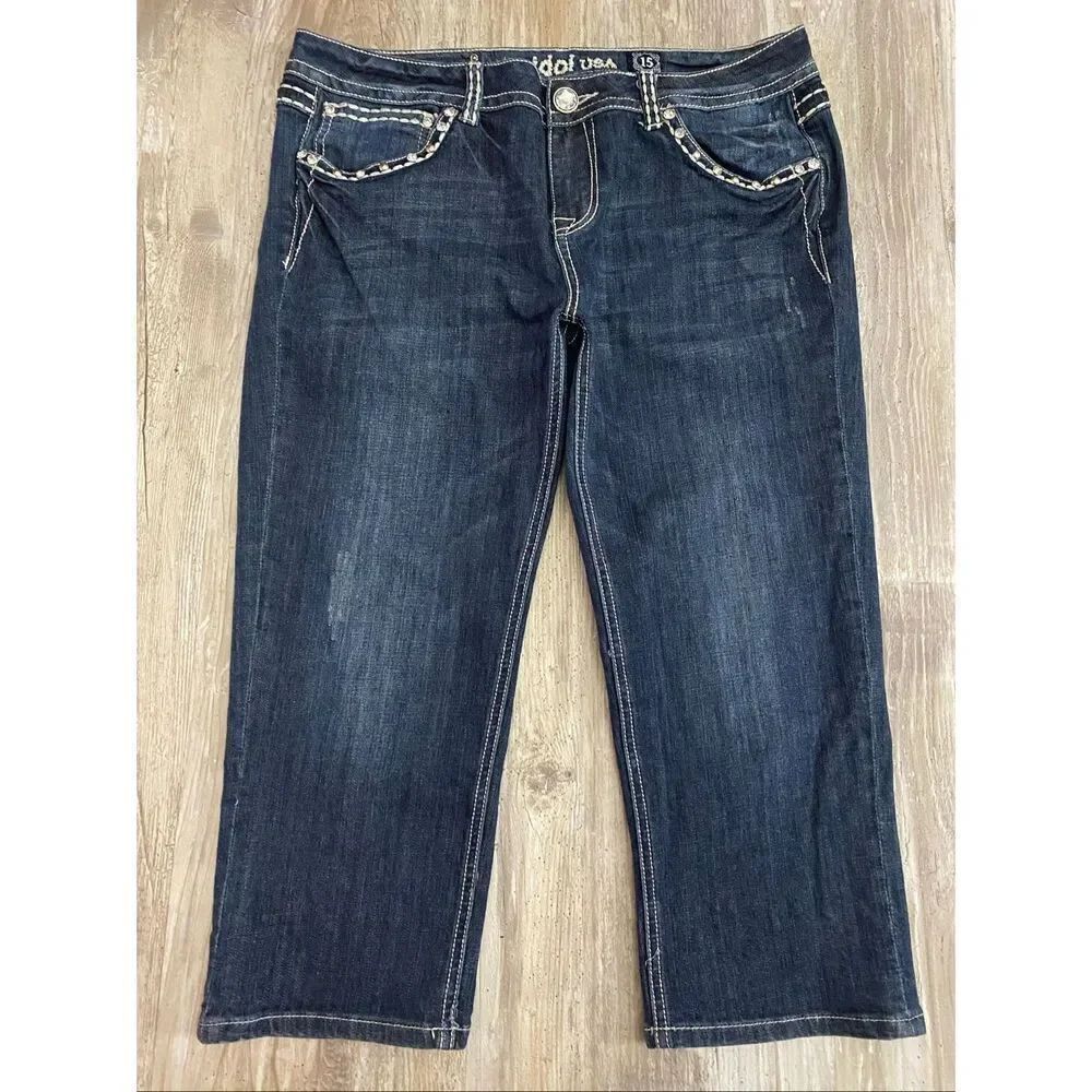 LA Idol Mid Rise Capri Jeans Rhinestone Embroidered Women’s Junior’s Sz 15